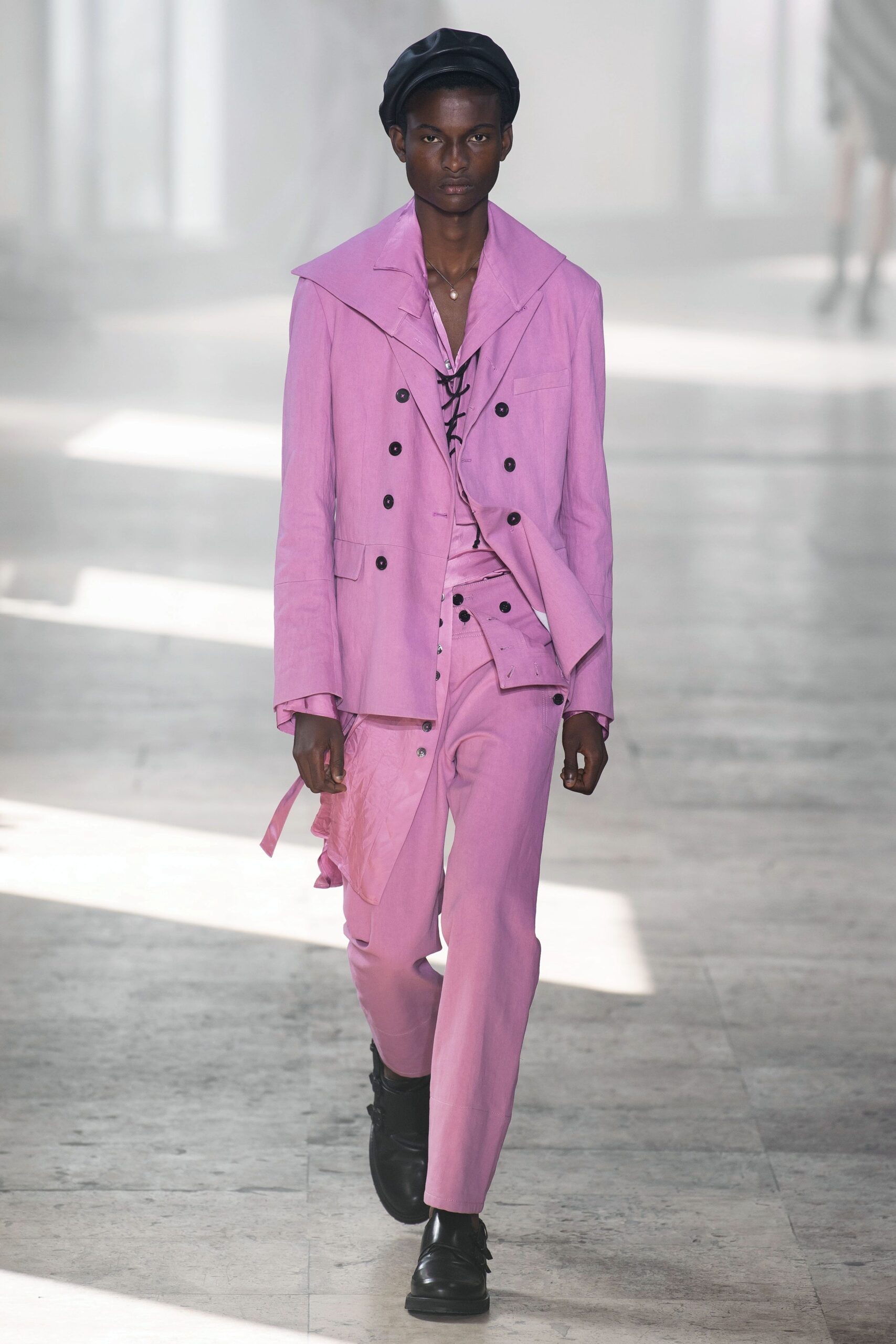 pink cotton long-sleeve collared fitted buttoned zippered suit