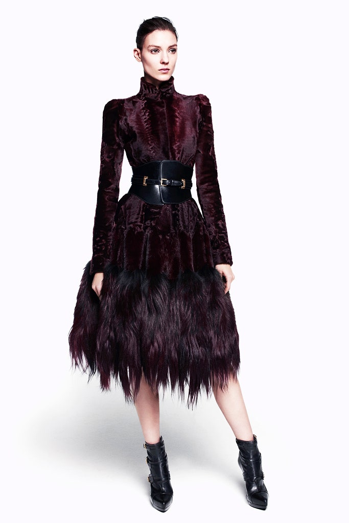 red velvet long-sleeve high-neck fitted tiered embellished dress