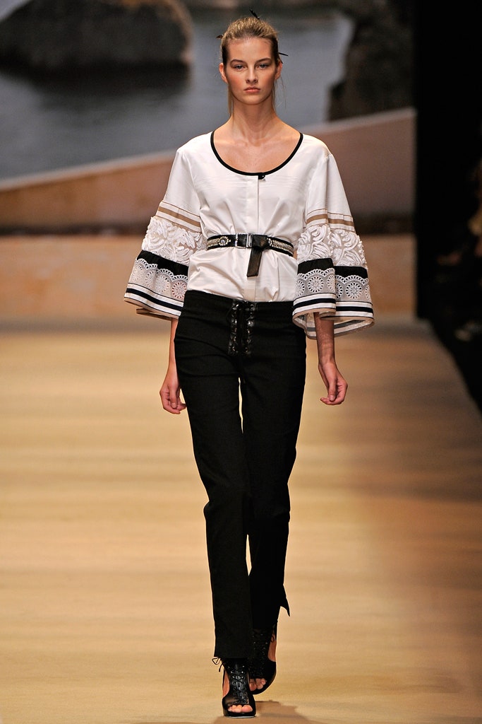 white cotton long-sleeve collared fitted embroidered belted top