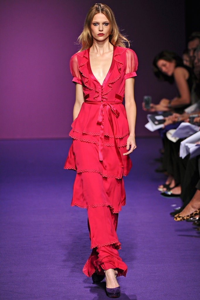 red silk ruffled maxi dress