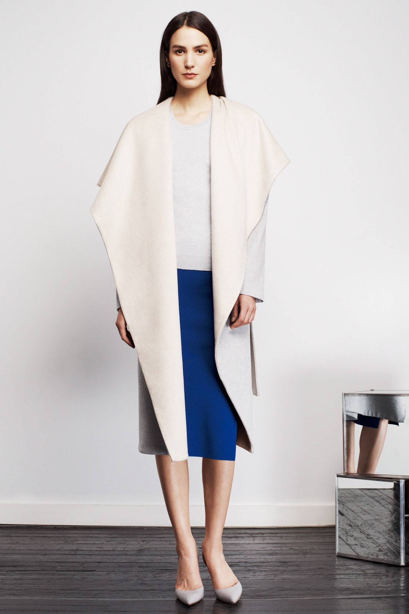 gray wool long-sleeve collared fitted straight-leg midi dress