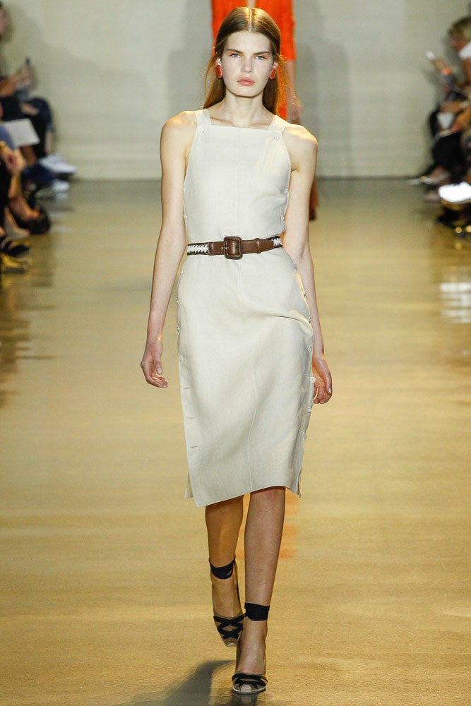 beige cotton sleeveless high-neck fitted straight-leg midi dress