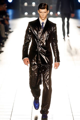 black vinyl long-sleeve collared fitted zippered shiny suit