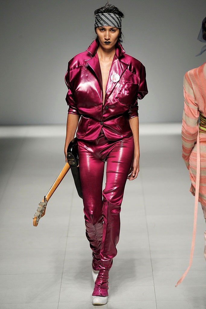 pink vinyl fitted jacket and pants