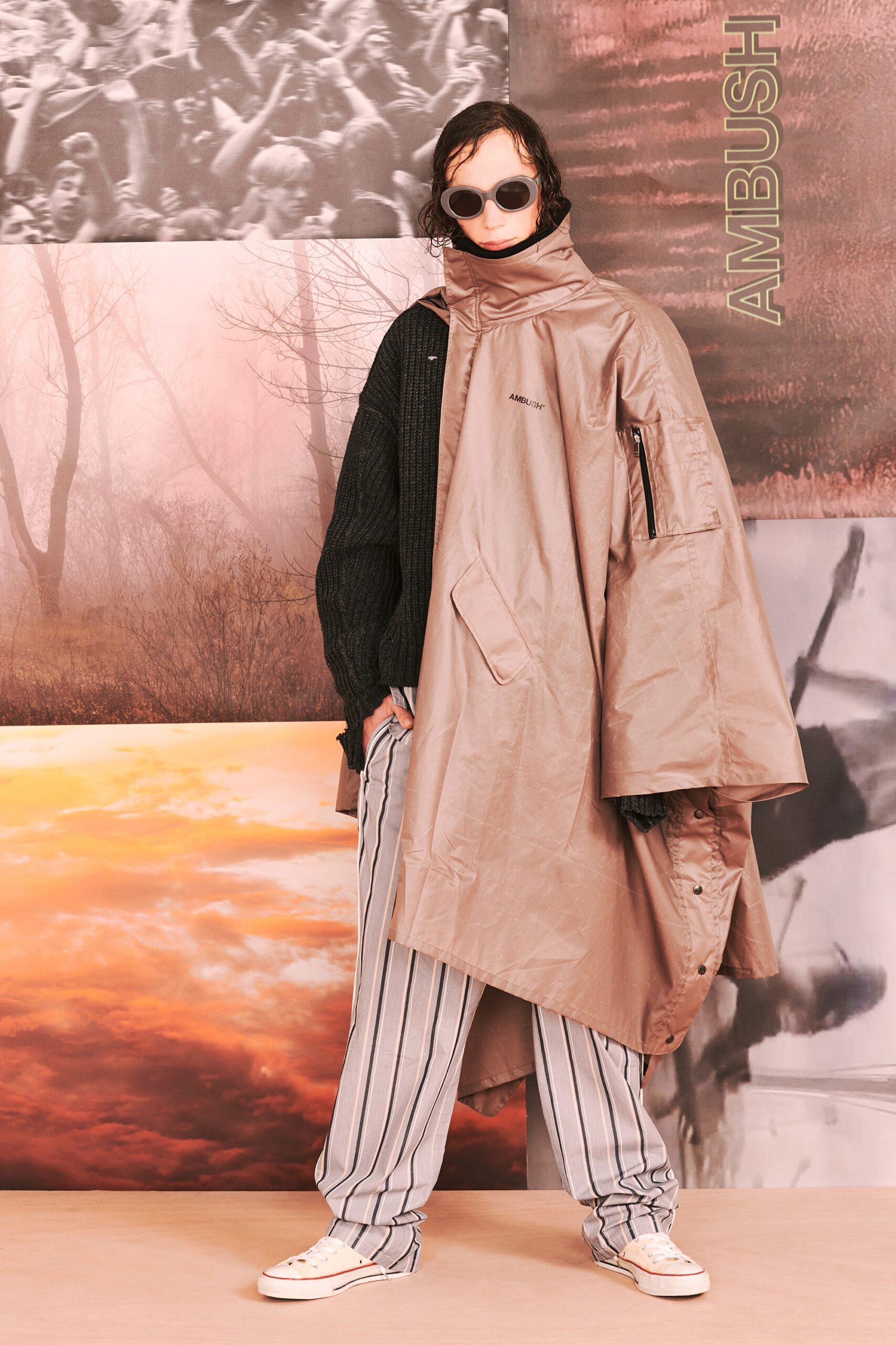 beige vinyl long-sleeve collared oversized zippered coat