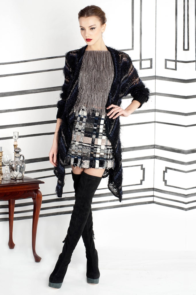 gray fringed top with mini skirt