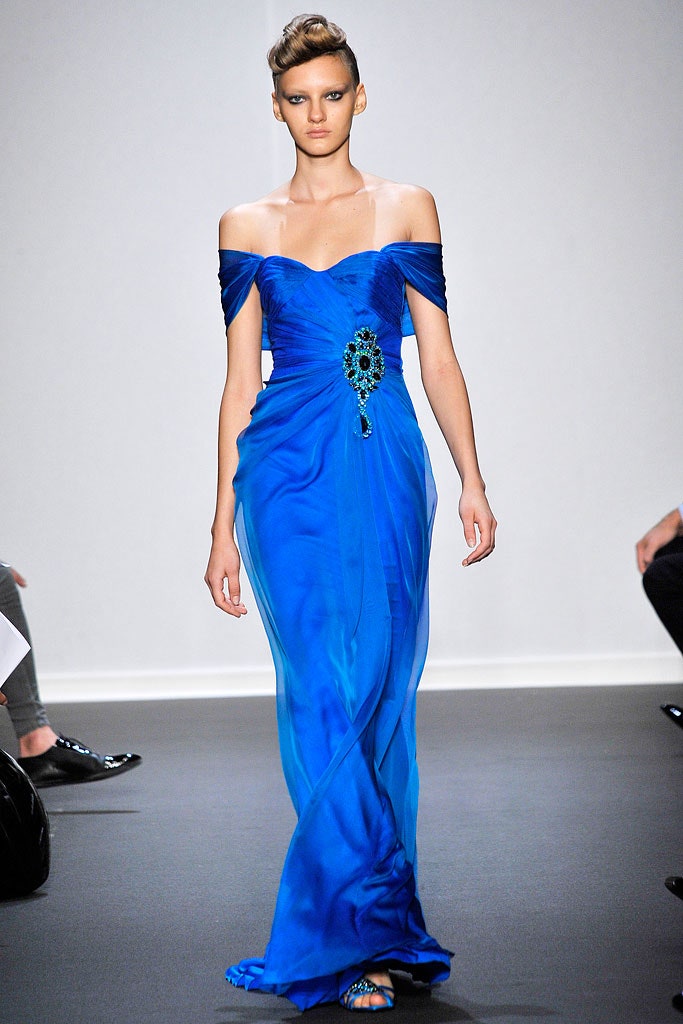 blue silk off-shoulder gown