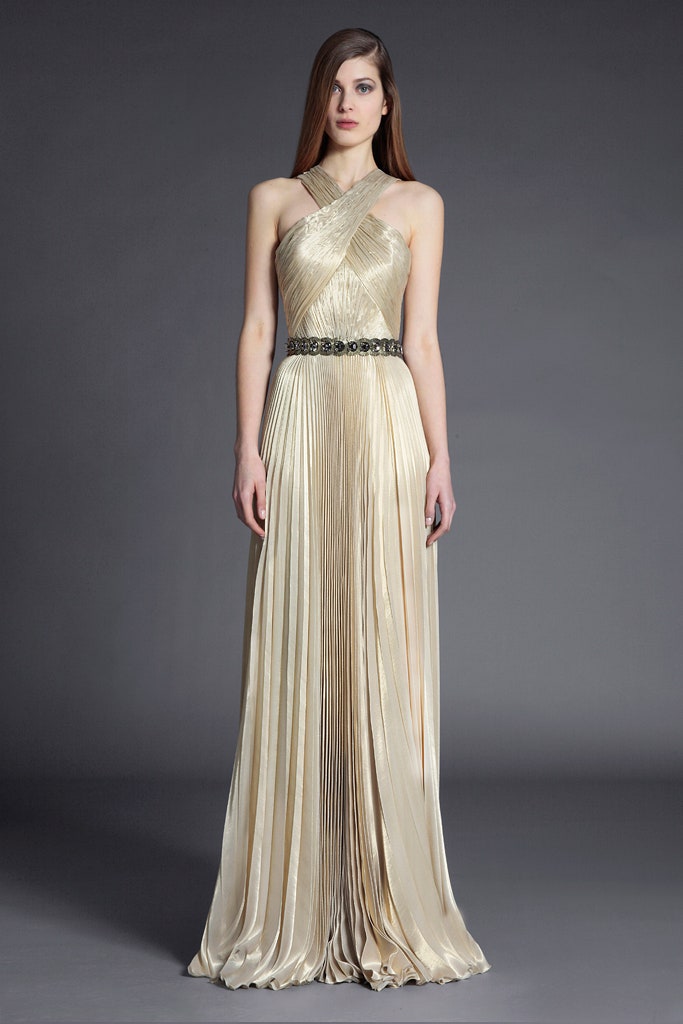 gold silk sleeveless gown