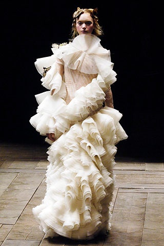 white ruffled silk gown