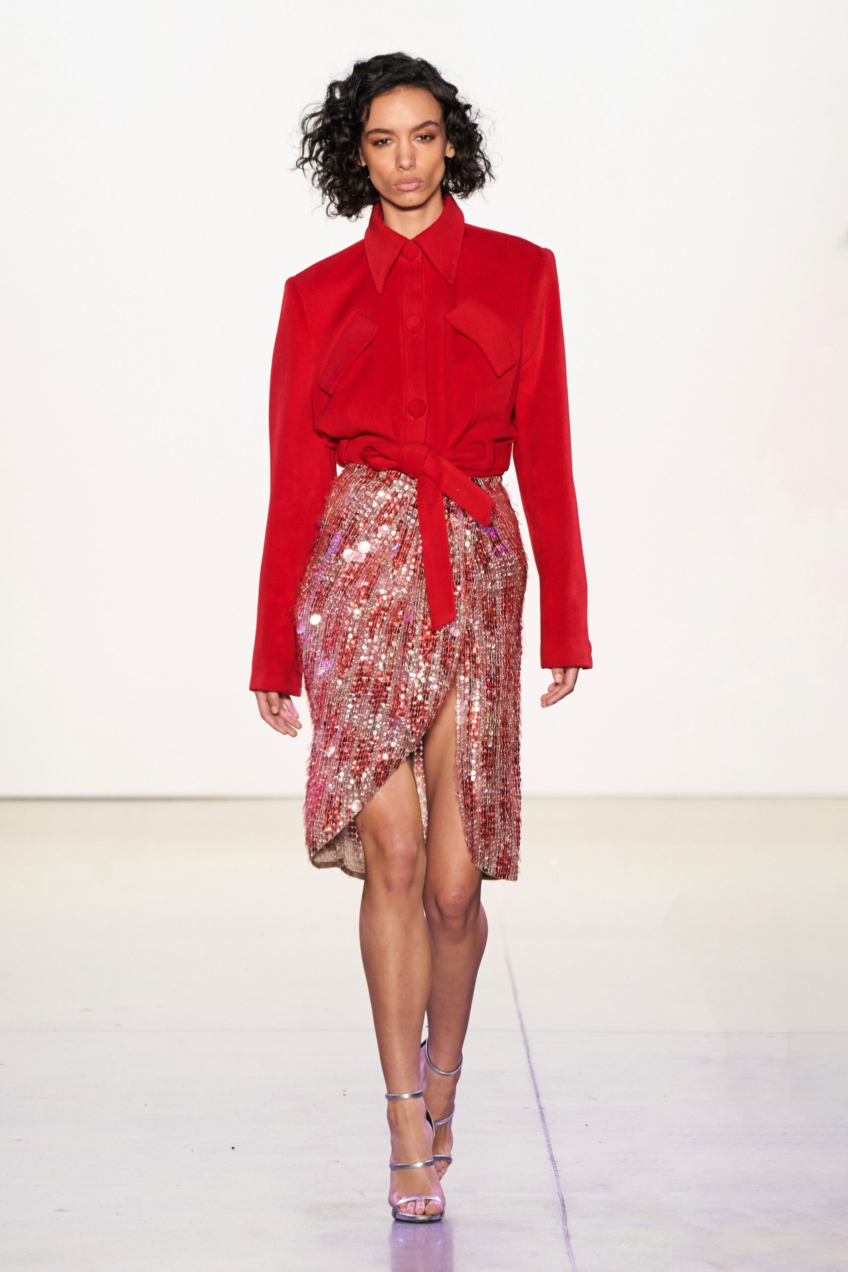 red silk shirt with sequin skirt