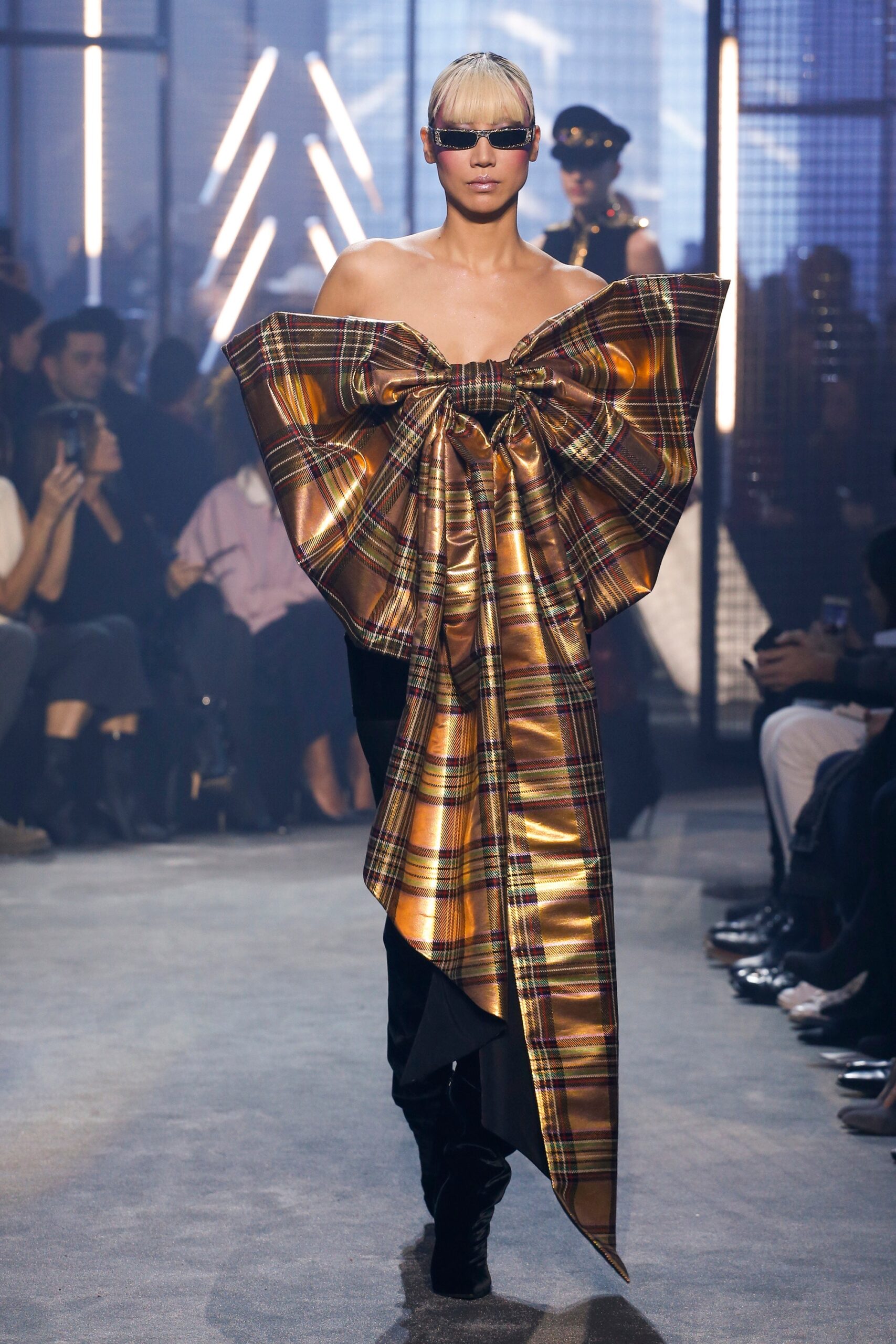 gold plaid off-shoulder dress