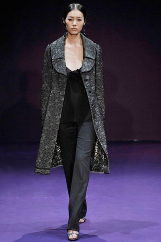 black silk coat and tailored pants