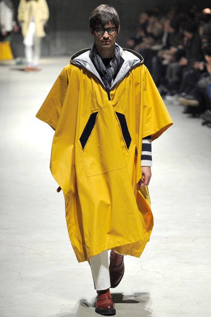 yellow cotton poncho with white shirt