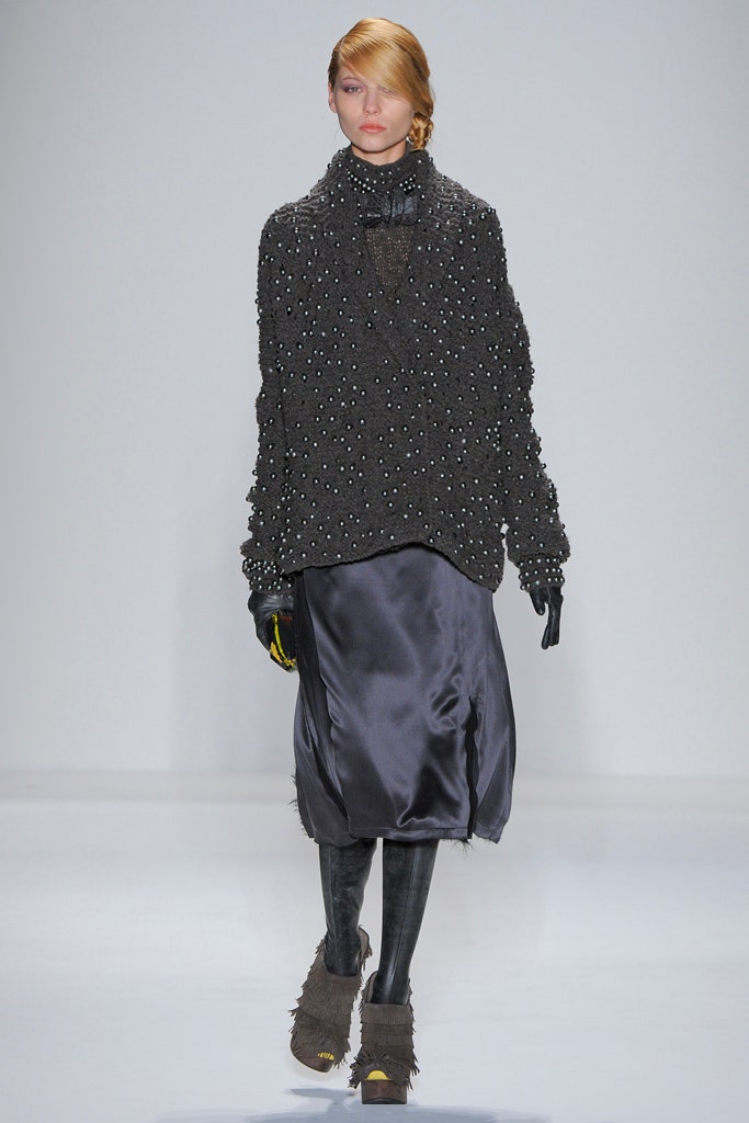 black beaded top with gray skirt