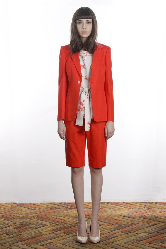red tailored blazer and shorts