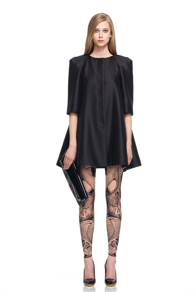 black silk a-line dress with printed leggings