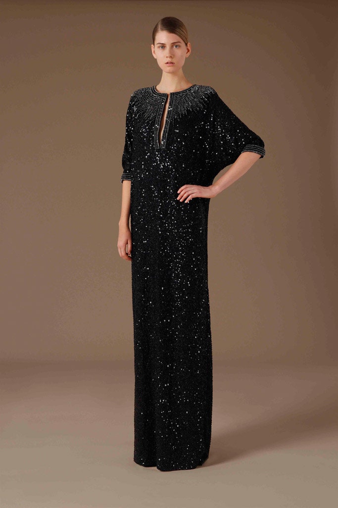 black sequin long-sleeve gown