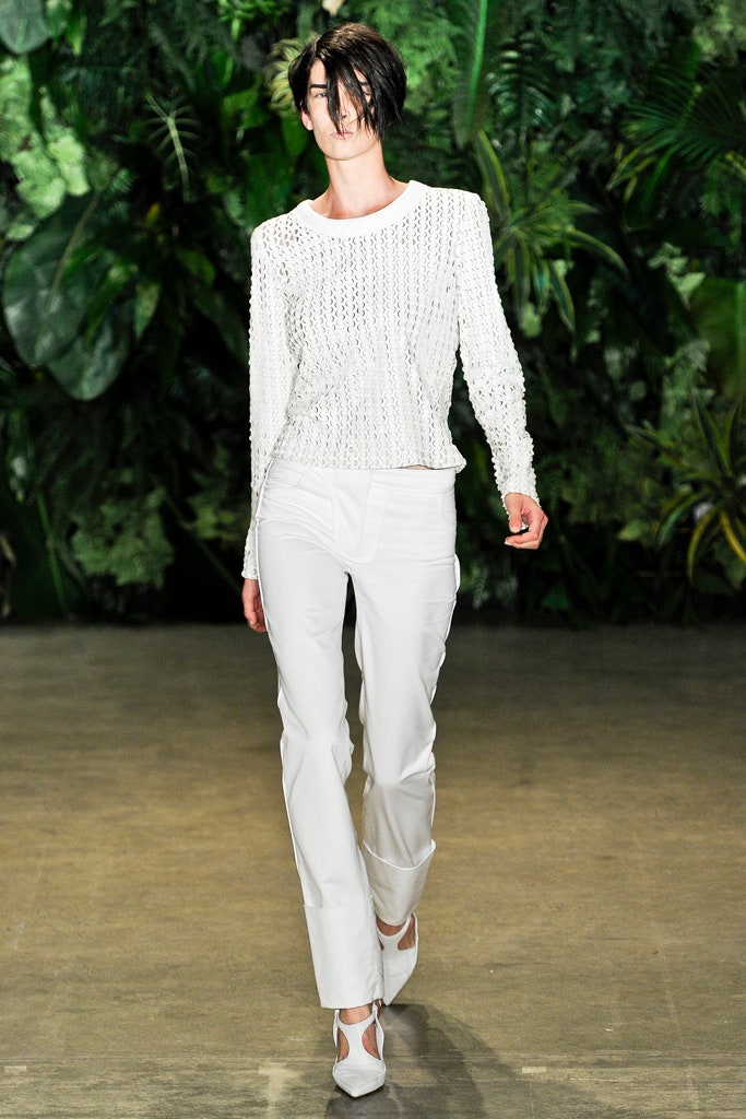 white fitted top with tailored pants