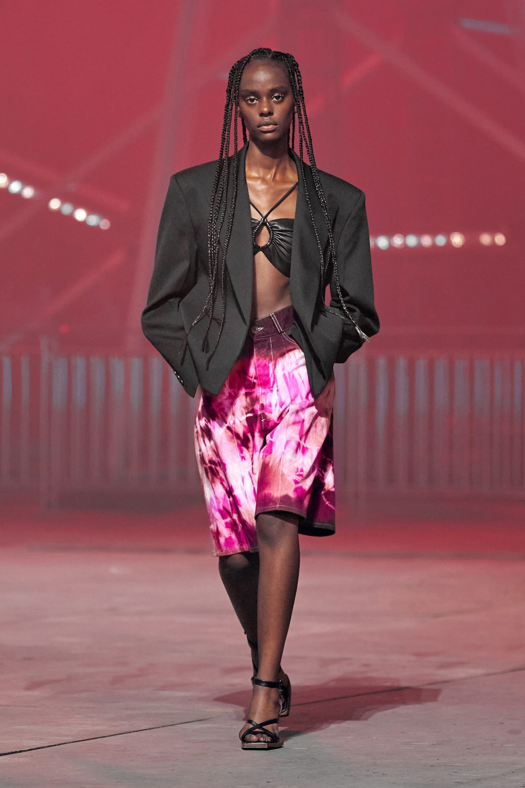 pink silk fitted pleated midi skirt