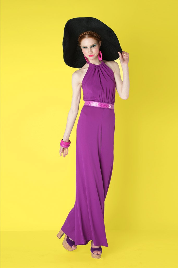 purple fitted halter jumpsuit