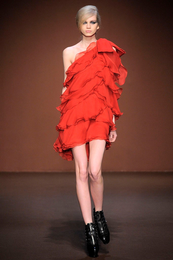red ruffled off-shoulder dress
