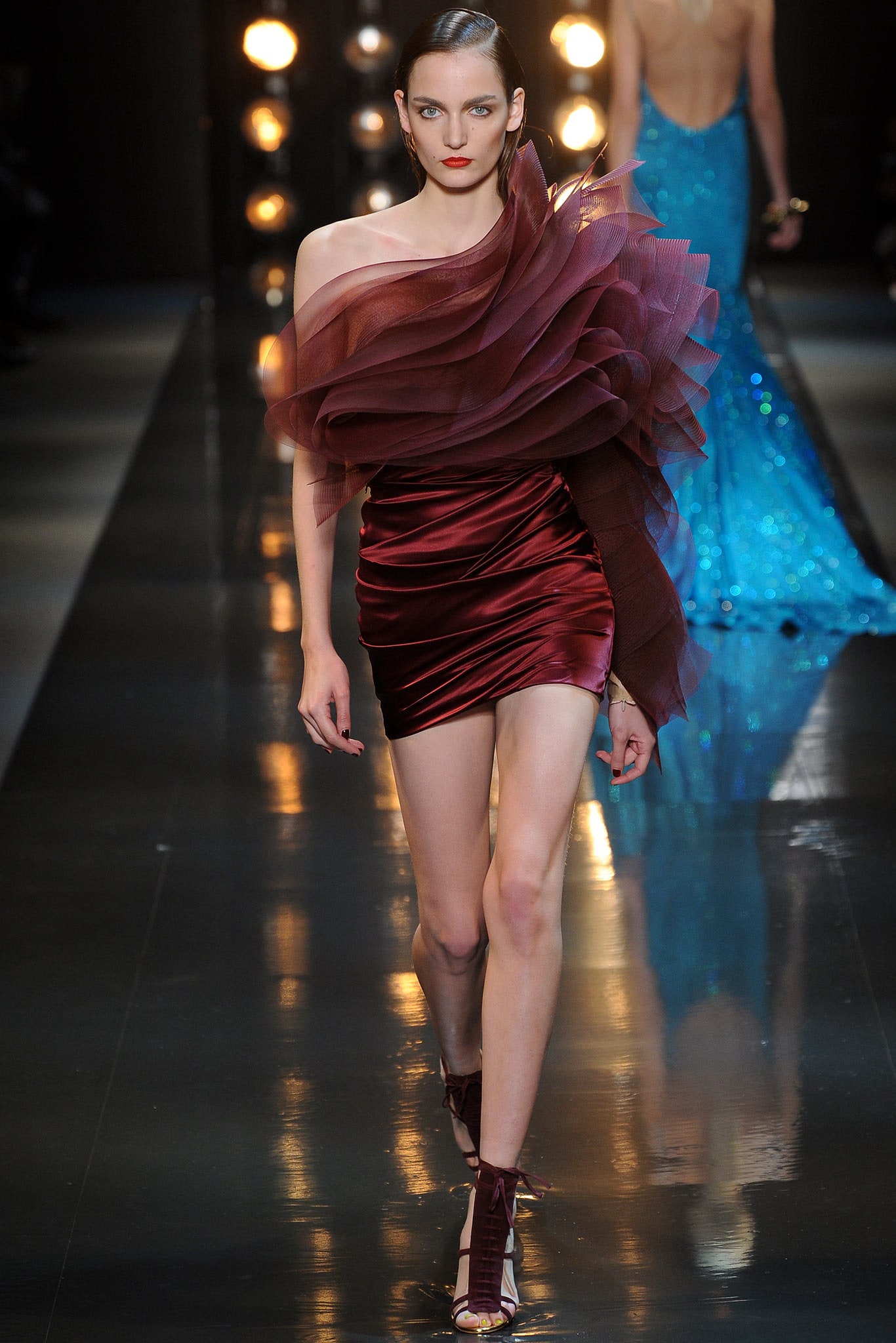 red silk off-shoulder mini dress