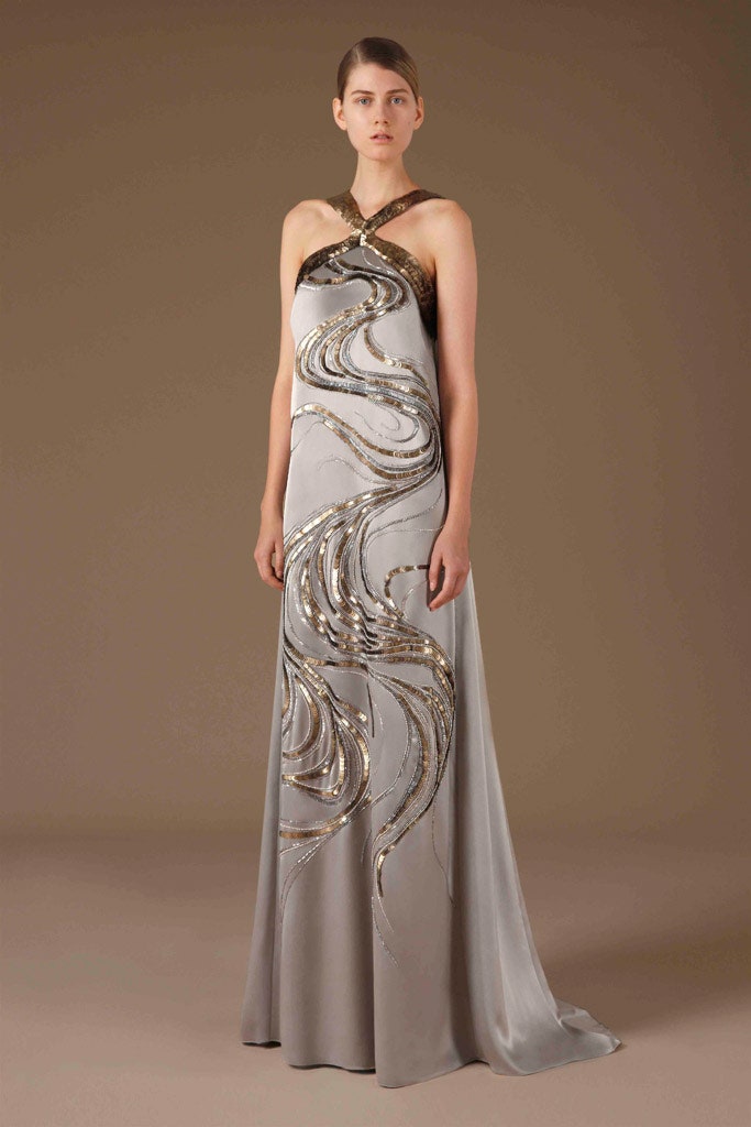 gray silk embroidered gown