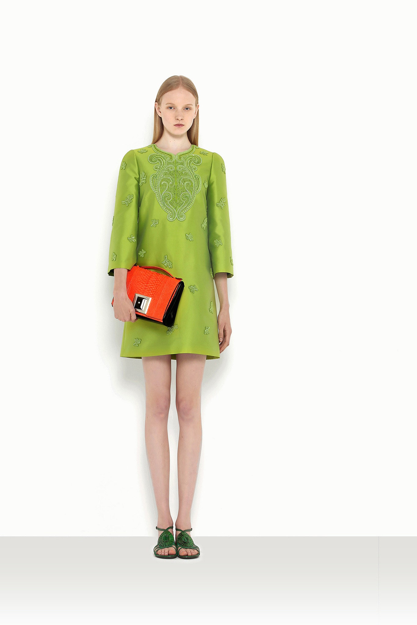 green cotton high-neck relaxed embroidered a-line mini dress