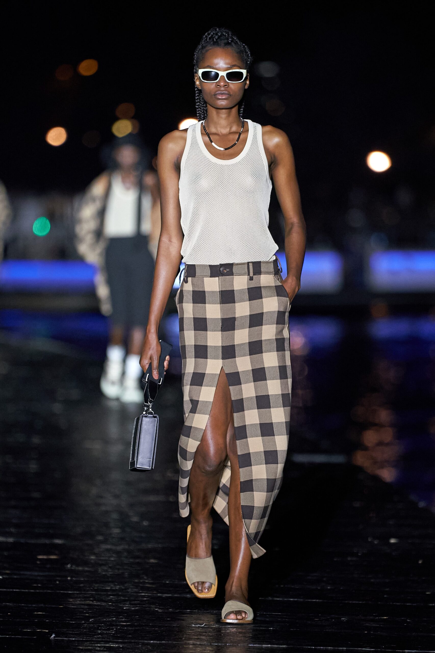 white mesh sleeveless top with checked skirt