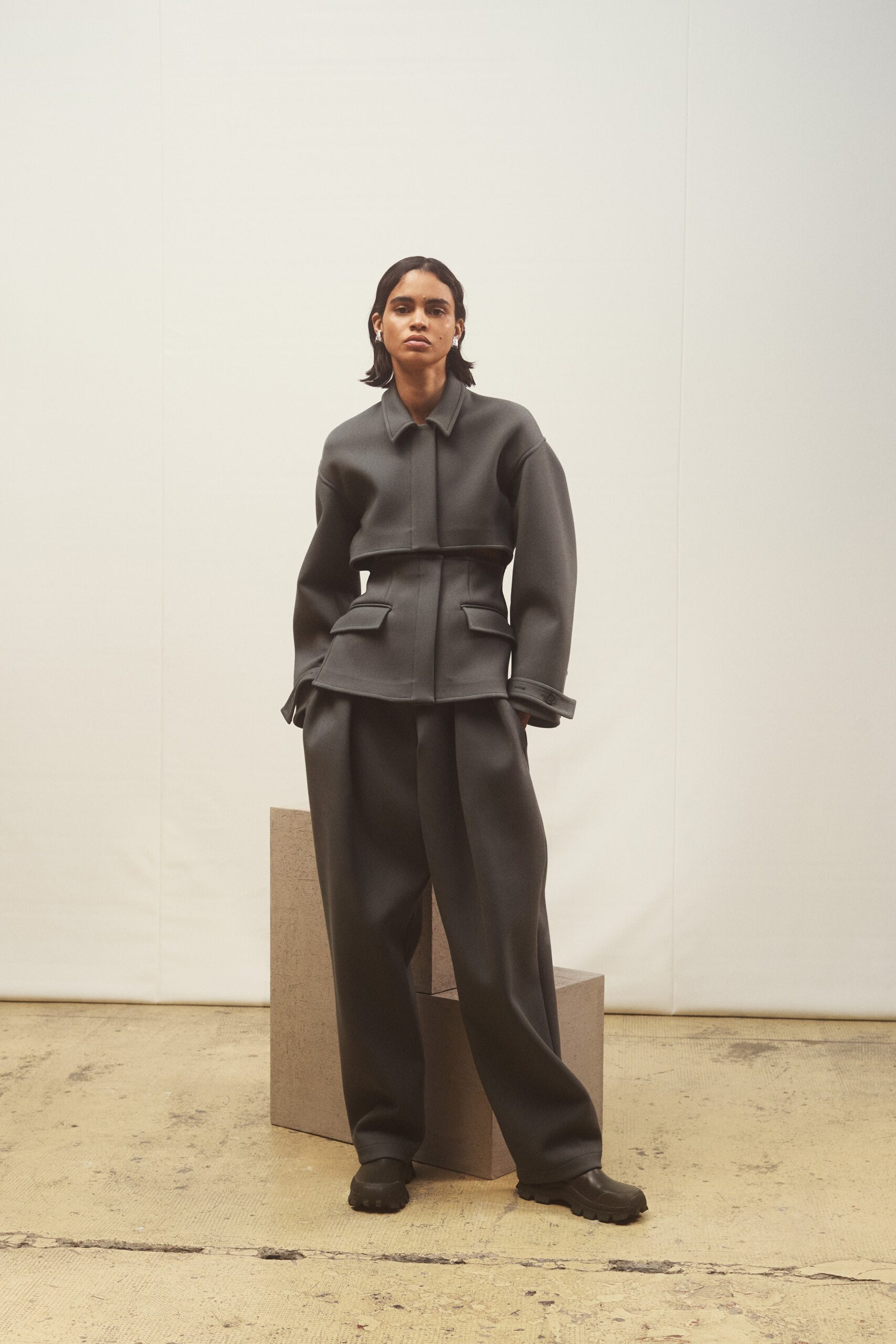 black neoprene relaxed jacket and pants