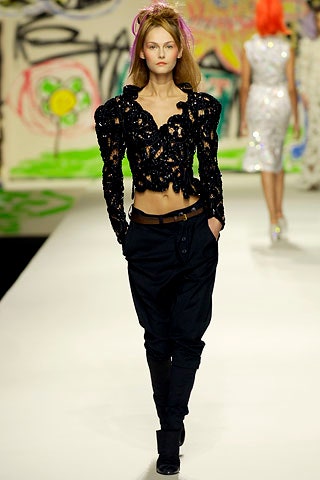 black lace fitted top with relaxed pants