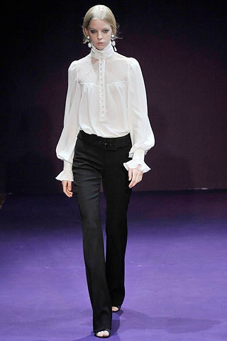 white silk blouse and black pants