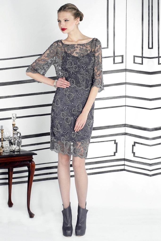 gray lace fitted dress