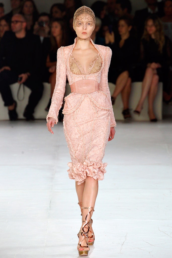 pink silk long-sleeve v-neck fitted ruffled embroidered dress