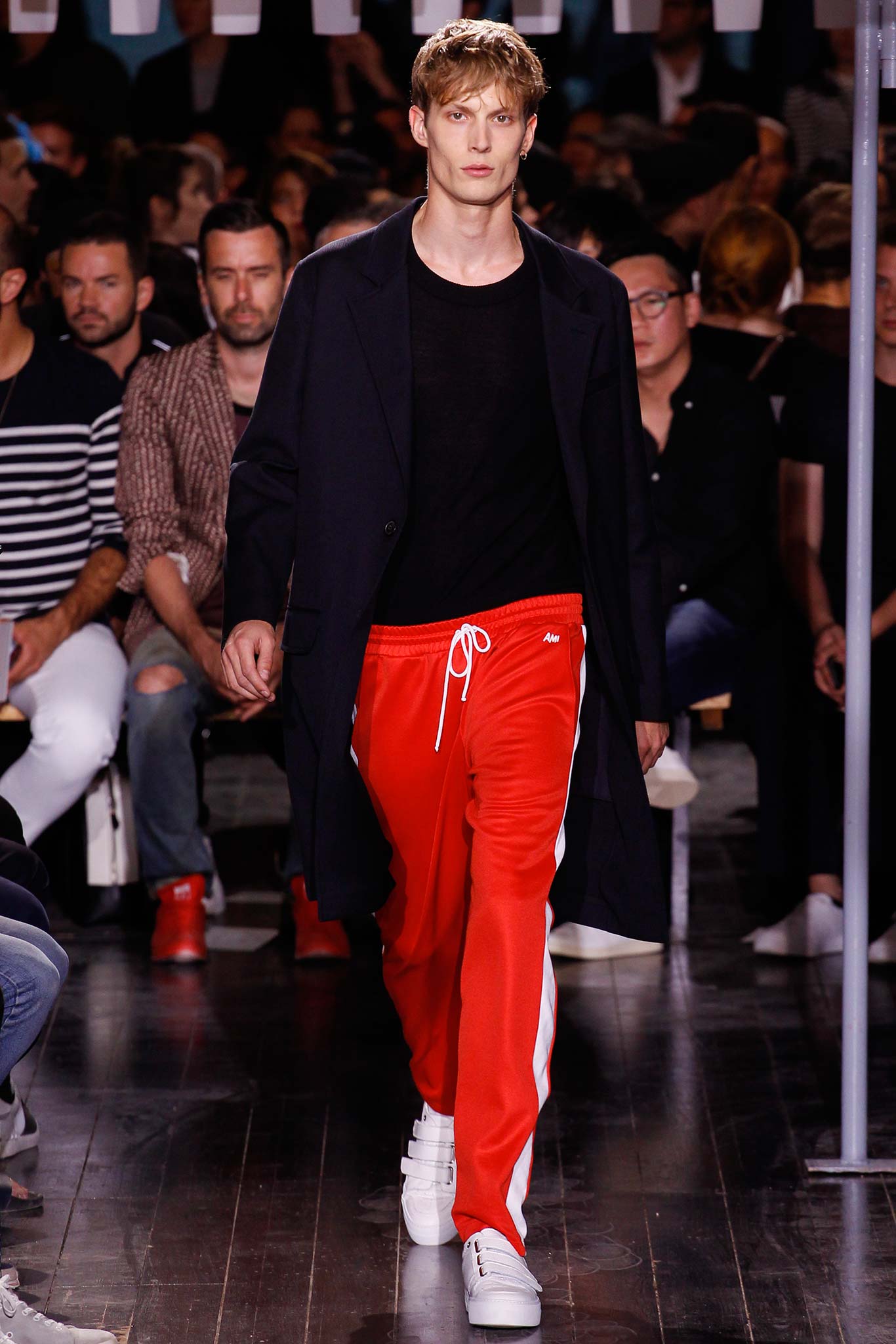 black coat with red pants