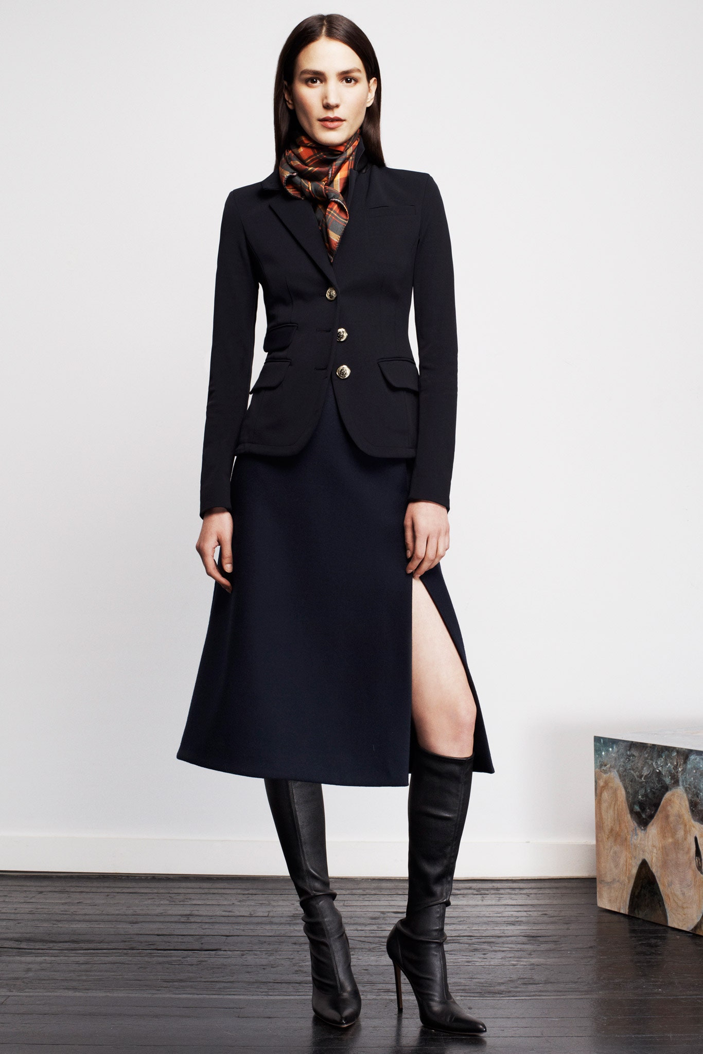 black blazer navy skirt outfit