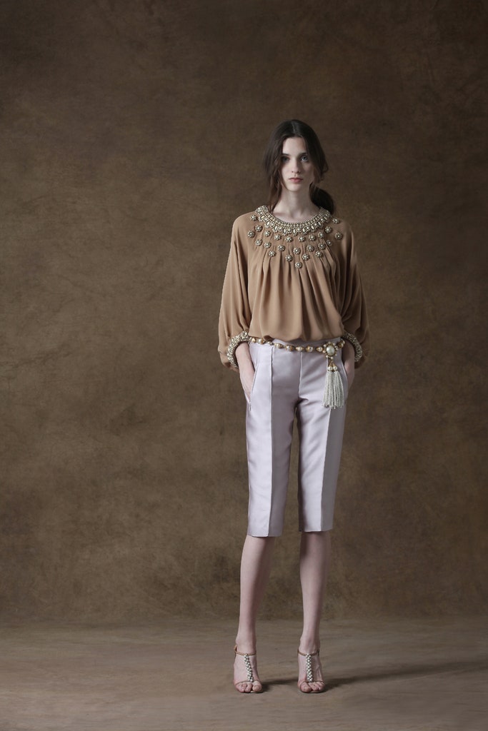 beige silk blouse with light pink pants