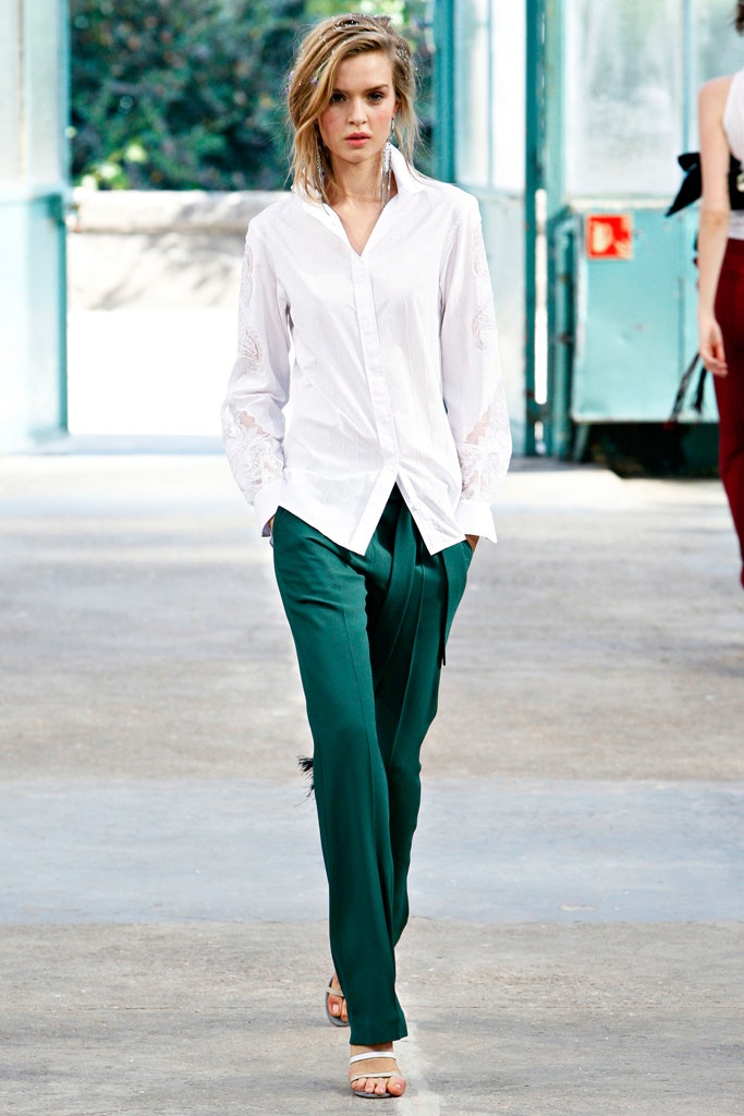 white collared shirt green tailored pants