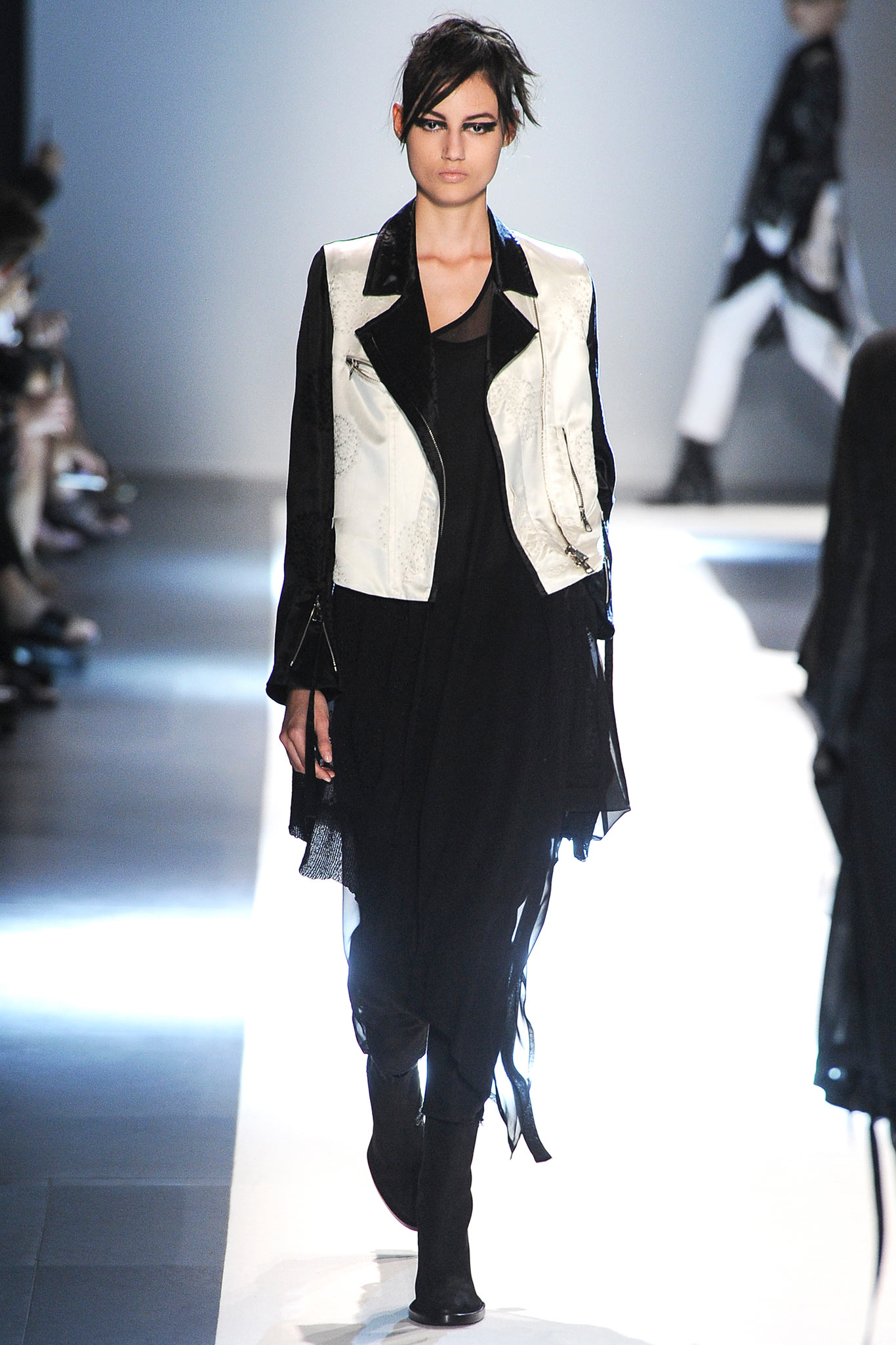 black silk midi dress and white leather jacket