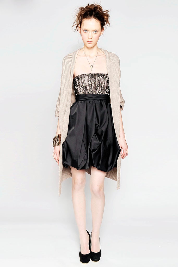 black silk strapless dress with beige cardigan