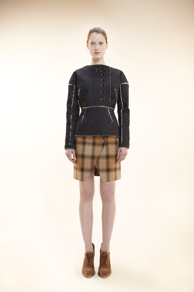 blue denim fitted jacket with plaid skirt