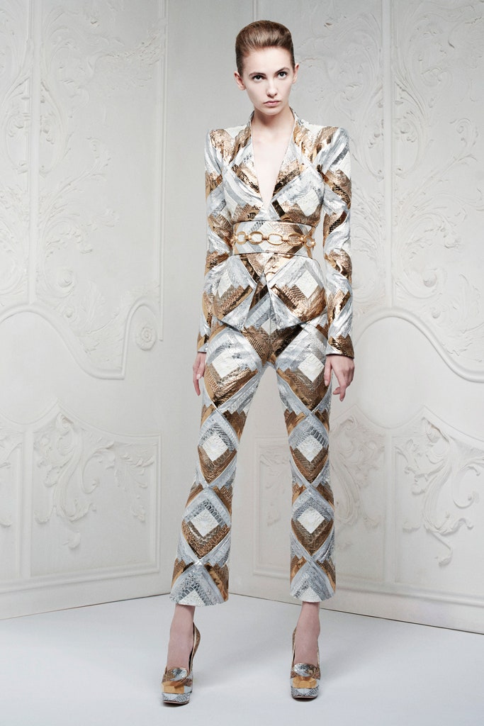 gold and white printed suit