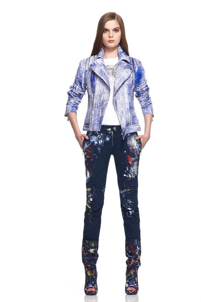blue jacket with distressed pants