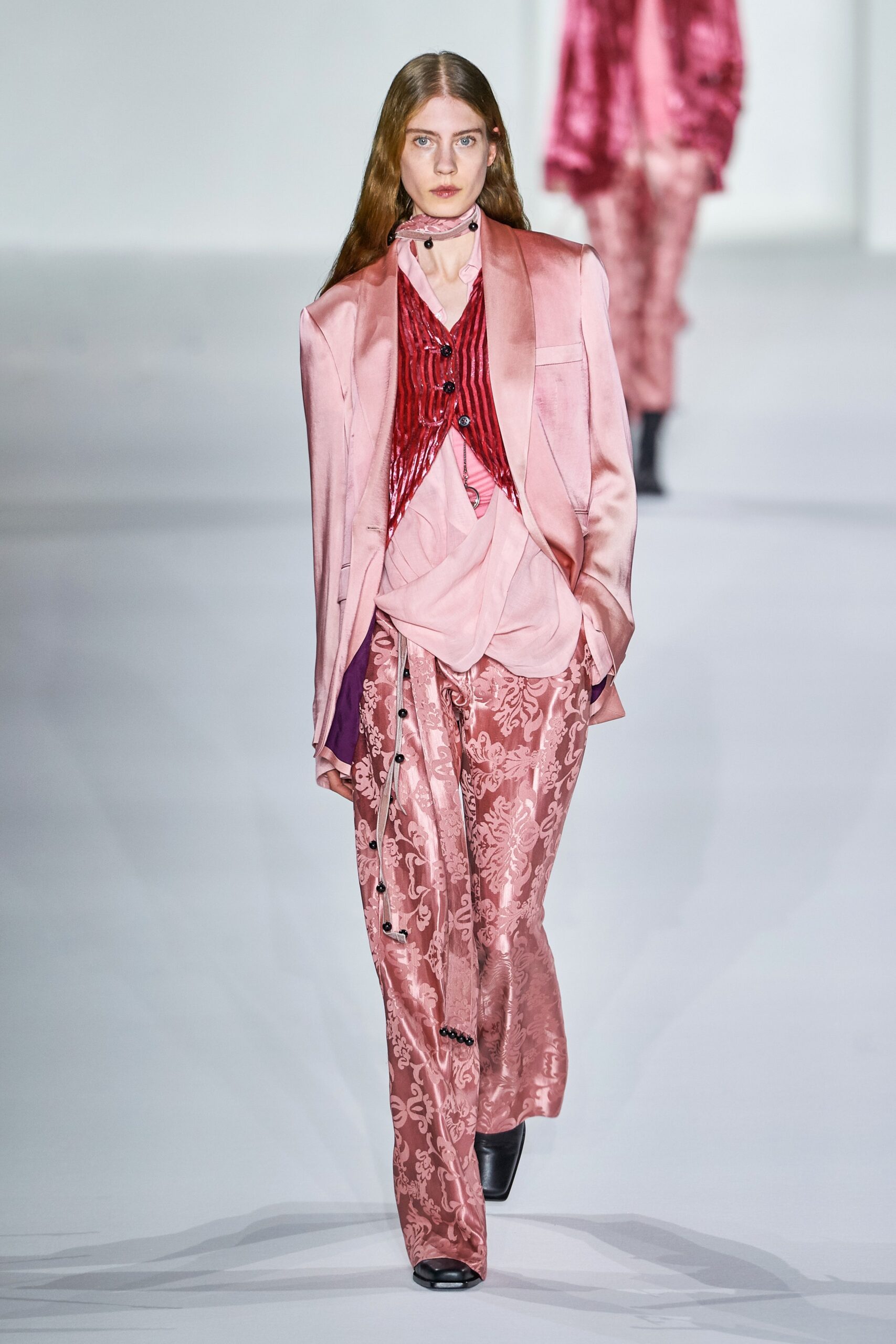 pink silk long-sleeve collared tailored buttoned blazer