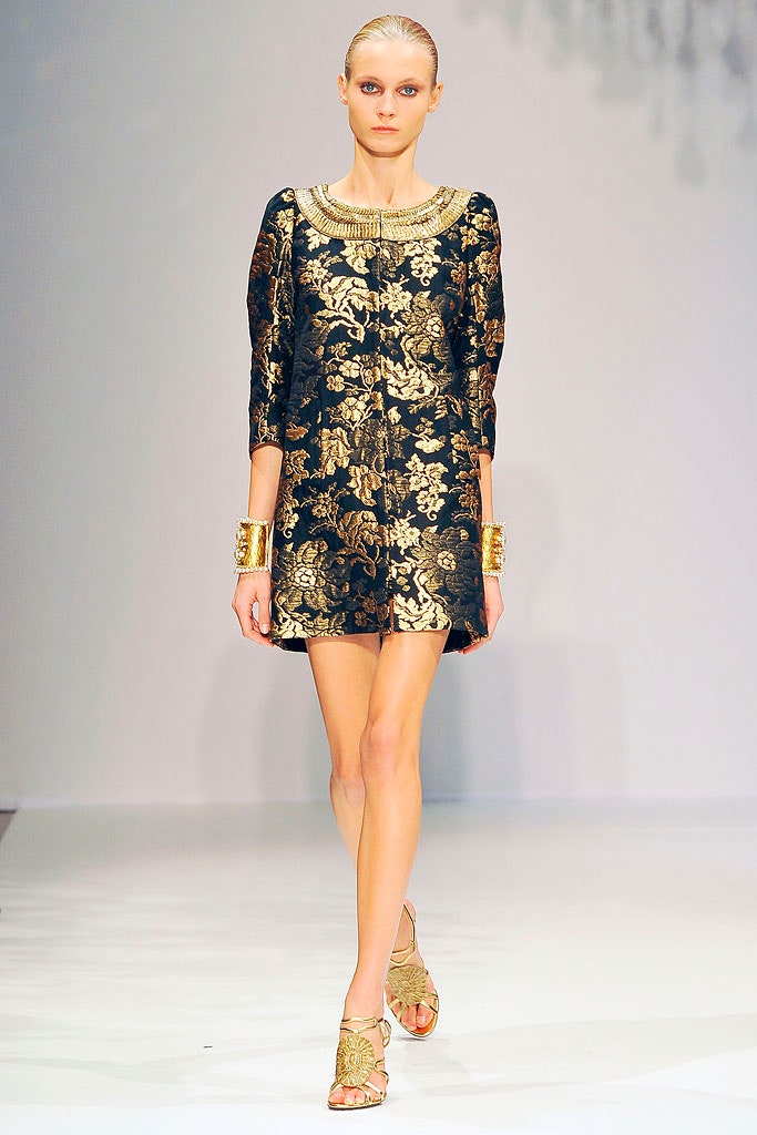 black silk long-sleeve collared fitted embroidered flared dress