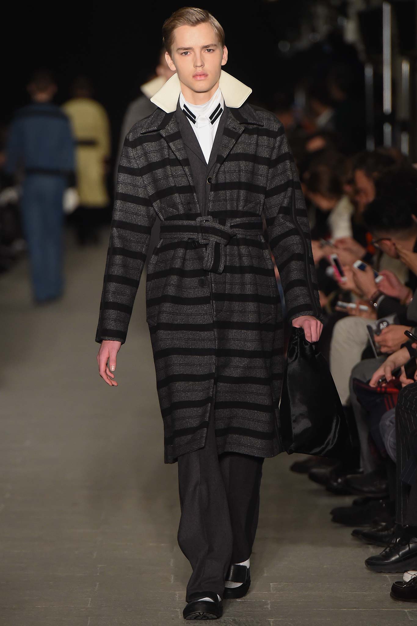 black wool long-sleeve collared fitted belted striped coat