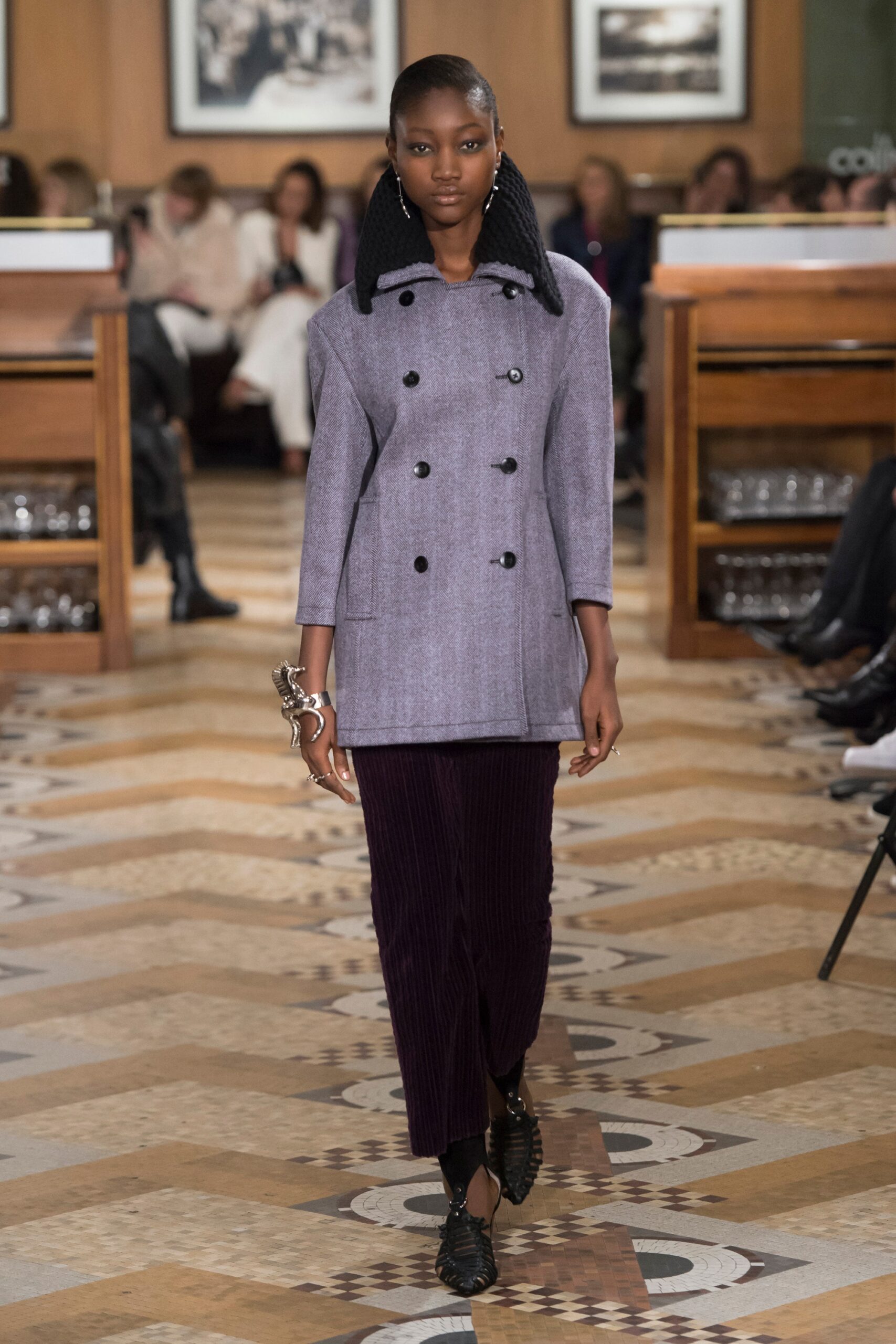 fitted purple wool coat with black velvet skirt