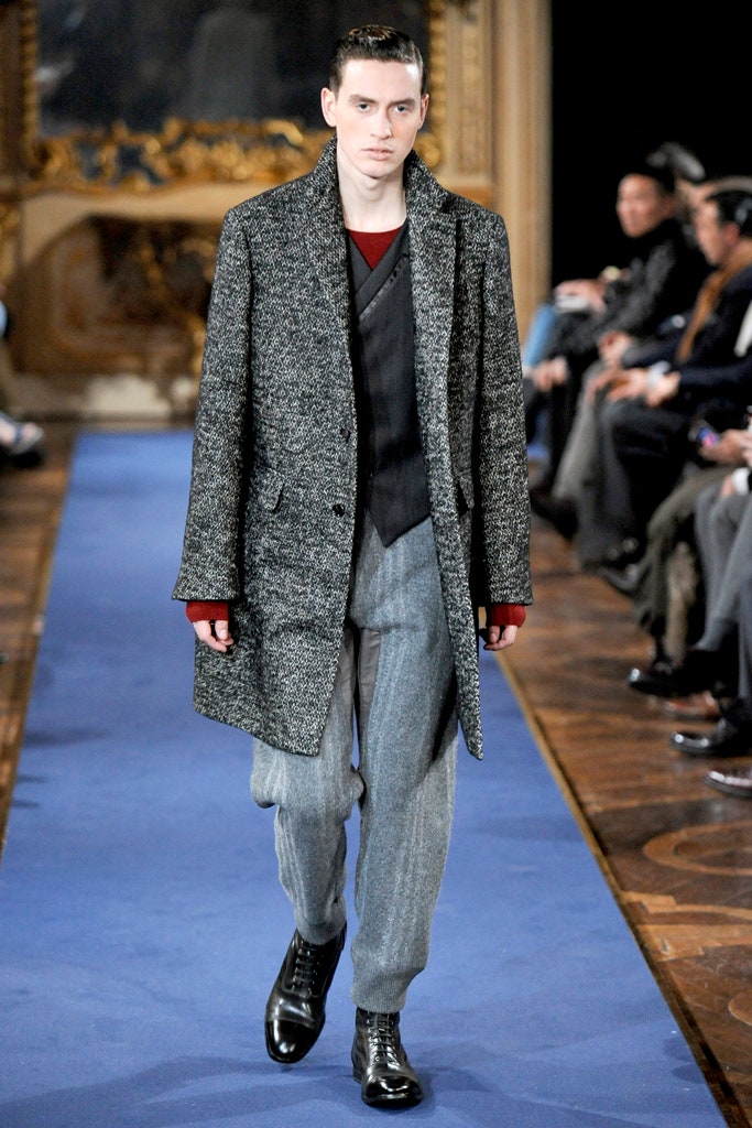 gray wool coat with black vest