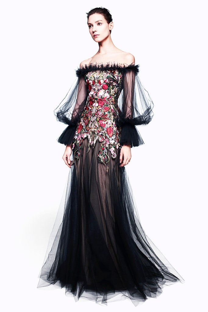 black tulle off-shoulder gown