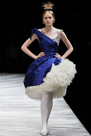 blue one-shoulder ruffled dress